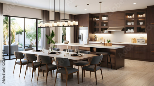 Modern Open Concept Kitchen and Dining Area with Minimalist Dark Wood Decor and Pendant Lighting