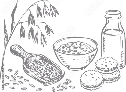 фотографія Dibujo a mano de desayuno de avena saludable con un tazón de gachas, botella de