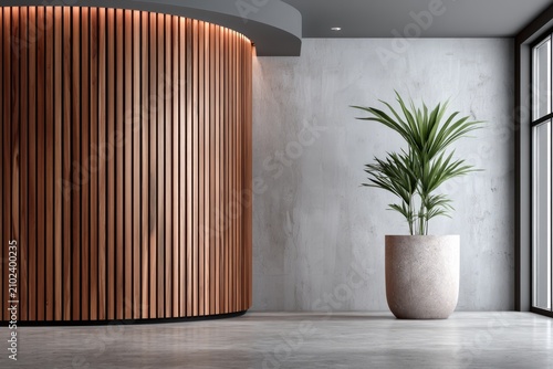 Modern Acoustic Wood Slat Wall Design in a Stylish Corner with a Green Plant in Elegant Pot