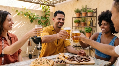 Friends toasting with beer glasses at outdoor BBQ party, summer lifestyle concept