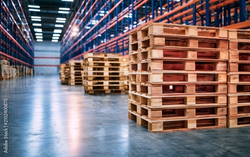 Neatly Stacked Wooden Pallets Positioned Inside a Large Warehouse with Bright Lighting