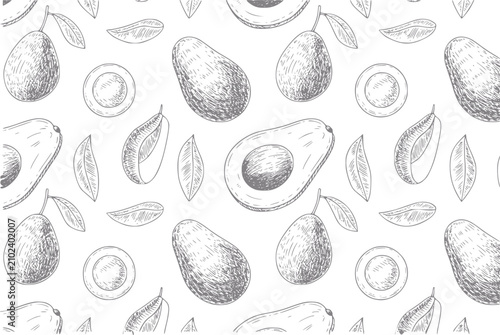 Konstfotografi Patrón sin costuras con aguacates dibujados a mano, mitades y hojas en un estilo