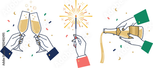 Foto Festive celebration vector element set with hands clinking champagne glasses, ho