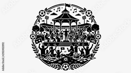 Bild auf Leinwand Ornate black and white illustration of a pavilion and nature scene