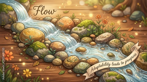 Whimsical waterfall flowing over smooth river stones, inspiring creativity and adaptability in a serene forest setting