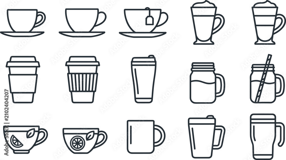 Obraz premium Minimalist coffee and tea cup line art icon set featuring hot mugs, takeaway paper cups, mason jars, and latte glasses for cafe menu designs