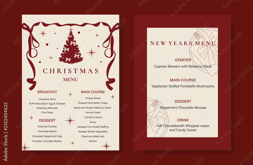 Obraz premium Christmas and New Year dinner invitation and menu template card set. design for drink menu, promotion, beverages, ads.
