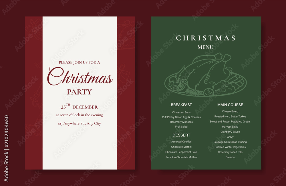 Obraz premium Christmas and New Year dinner invitation and menu template card set. design for drink menu, promotion, beverages, ads.