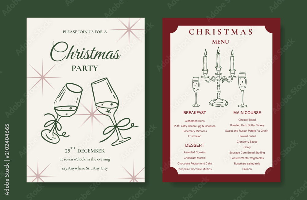 Obraz premium Christmas and New Year dinner invitation and menu template card set. design for drink menu, promotion, beverages, ads.