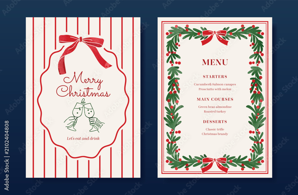Obraz premium Christmas and New Year dinner invitation and menu template card set. design for drink menu, promotion, beverages, ads.