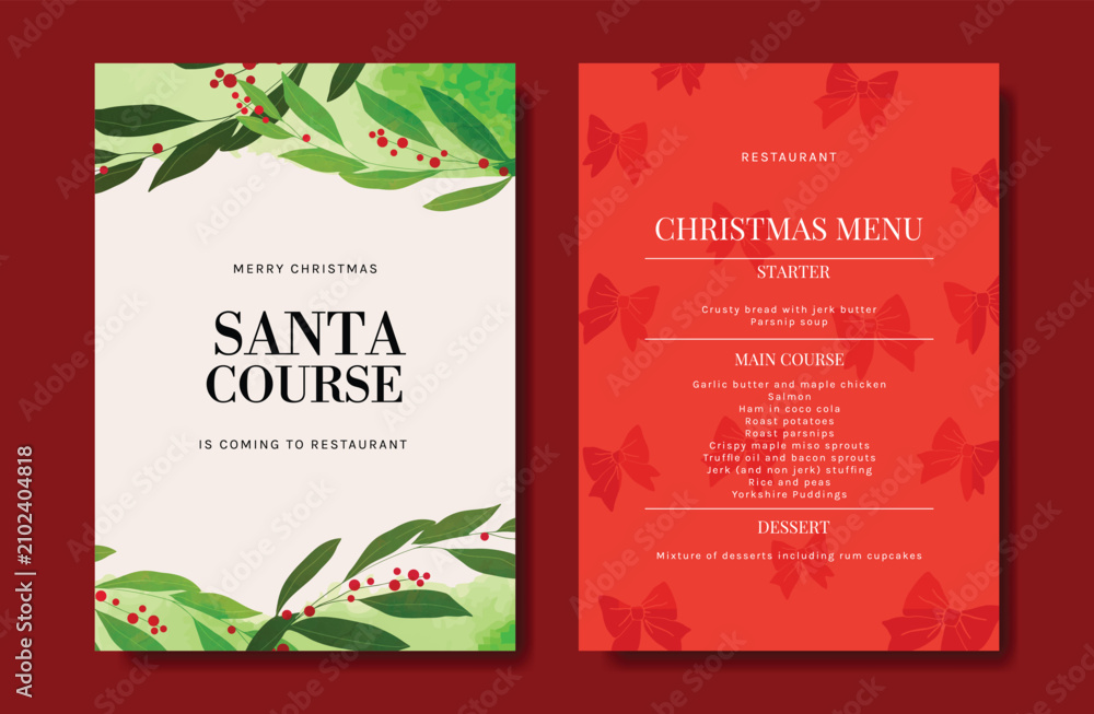 Obraz premium Christmas and New Year dinner invitation and menu template card set. design for drink menu, promotion, beverages, ads.
