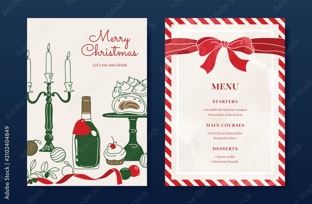 Obraz premium Christmas and New Year dinner invitation and menu template card set. design for drink menu, promotion, beverages, ads.