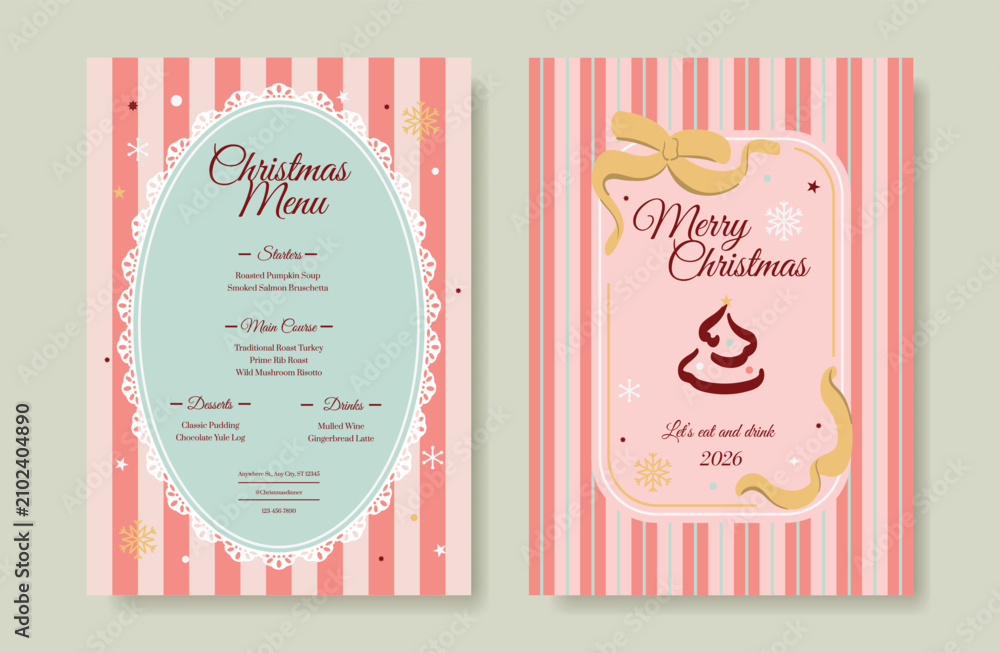 Fototapeta premium Christmas and New Year dinner invitation and menu template card set. design for drink menu, promotion, beverages, ads.