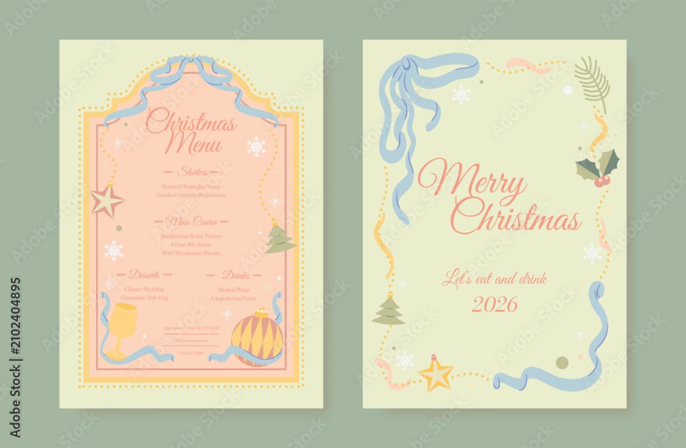 Obraz premium Christmas and New Year dinner invitation and menu template card set. design for drink menu, promotion, beverages, ads.