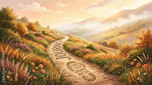 Winding road through scenic hills, with the word 'JOURNEY' imprinted on the path, symbolizing life's progression.