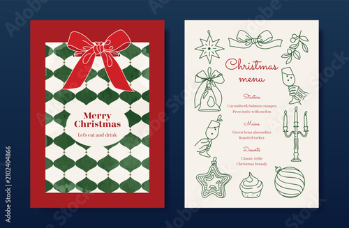 Christmas and New Year dinner invitation and menu template card set.  design for drink menu, promotion, beverages, ads.