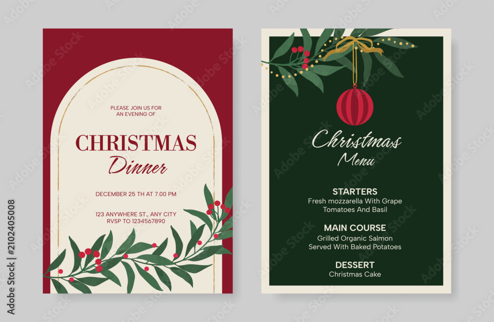 Obraz premium Christmas and New Year dinner invitation and menu template card set. design for drink menu, promotion, beverages, ads.