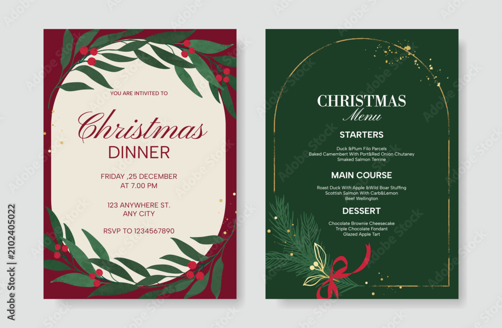 Obraz premium Christmas and New Year dinner invitation and menu template card set. design for drink menu, promotion, beverages, ads.