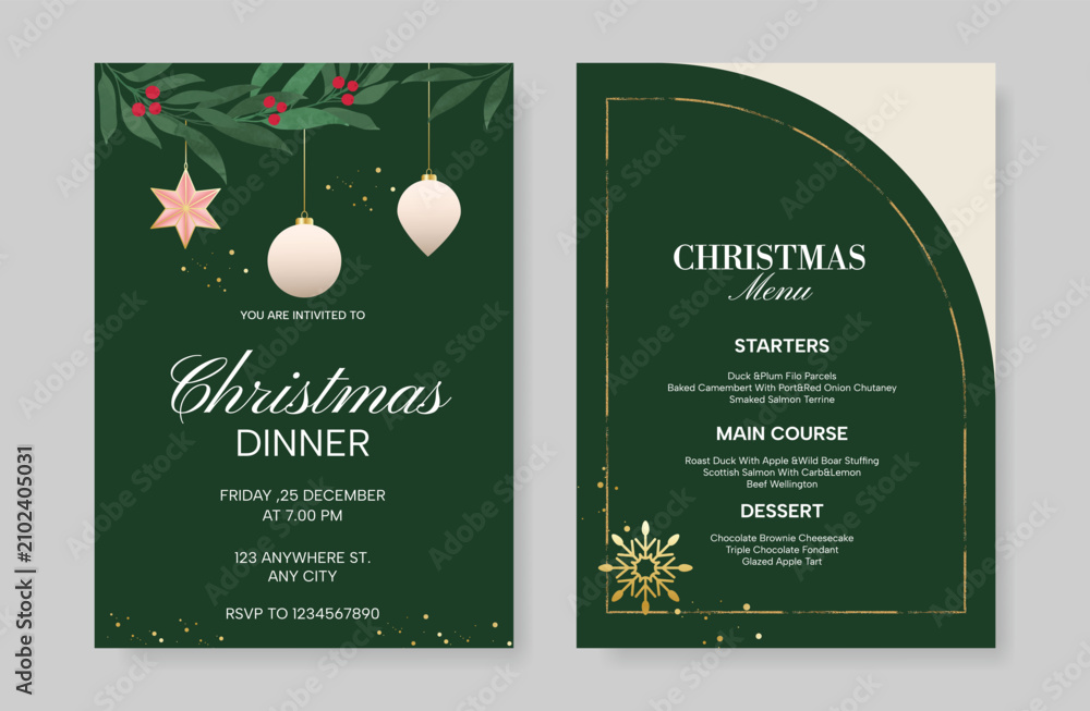 Obraz premium Christmas and New Year dinner invitation and menu template card set. design for drink menu, promotion, beverages, ads.