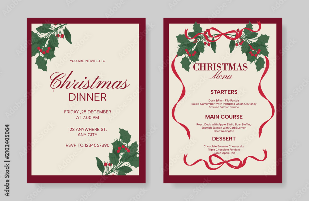 Obraz premium Christmas and New Year dinner invitation and menu template card set. design for drink menu, promotion, beverages, ads.