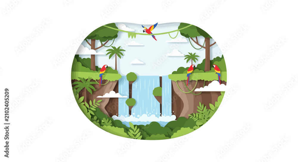 Fototapeta premium Tropical jungle waterfall with colorful parrots and lush plants
