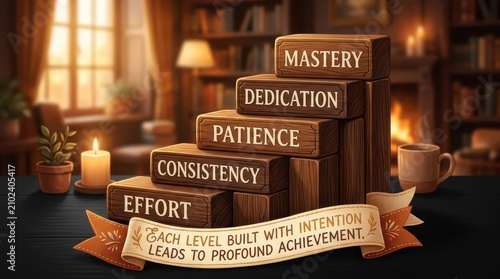 Wooden Blocks Staircase of Success: Effort, Consistency, Patience, Dedication, Mastery with Inspirational Quote