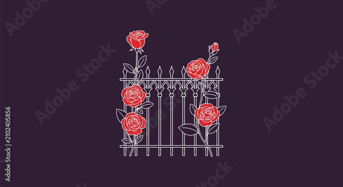 Fényképezés Red roses climbing a white wrought iron garden fence
