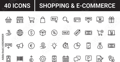 Set of linear outline icons for shopping and e-commerce, retail business, digital marketing, online store, and payment transactions