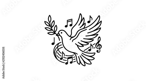 Sleek Black and White Line Art of Dove with Musical Notes and Laurel Branch Symbolizing Peace and Harmony