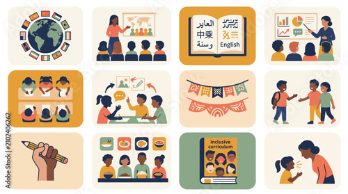 Diverse educational scenes showcasing global learning and student interaction.