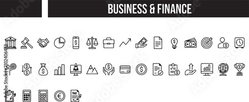 Professional collection of linear outline icons for business, finance, banking, law, investment, and corporate management strategy