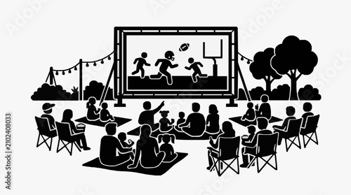 Quadro su tela Outdoor movie night with audience watching sports on screen.