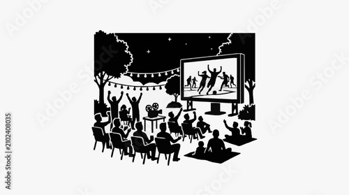 Quadro su tela Outdoor movie night with audience watching film under stars.