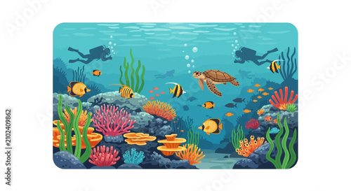 Konstfotografi Scuba divers exploring a vibrant coral reef with a sea turtle
