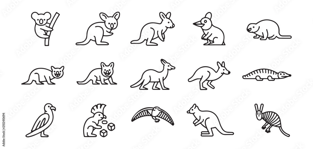 Fototapeta premium Australian animals line art icon set featuring kangaroo, koala, and crocodile