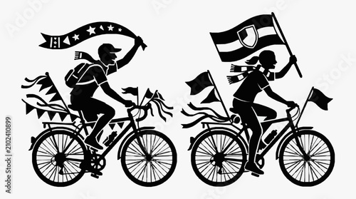 Quadro su tela Silhouette cyclists with flags riding bicycles in motion.