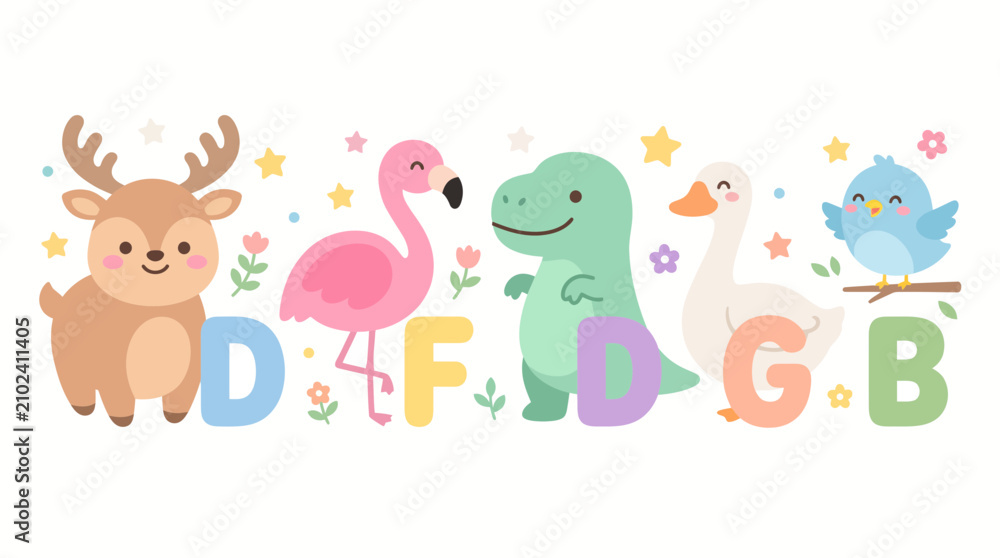 Naklejka premium Kawaii Animal Alphabet Illustration Featuring Cute Creatures and Pastel Letters