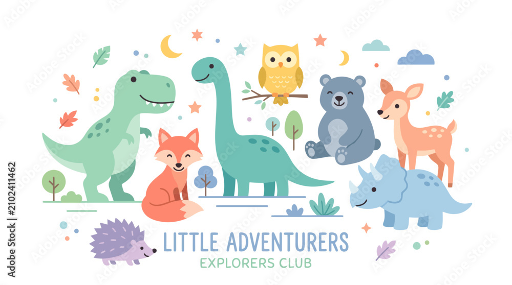 Obraz premium Children's Wall Art Featuring Cute Forest Animals and Dinosaurs Explorers Club