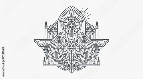 Foto Elegant Black and White Cyberpunk Gothic Cathedral Skyline with Angelic Mechanic