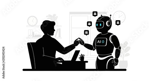 Flat silhouette illustration of a man sitting at a desk with a laptop touching fingers with a humanoid robot labeled AI, featuring a modern office background with clocks and plants.