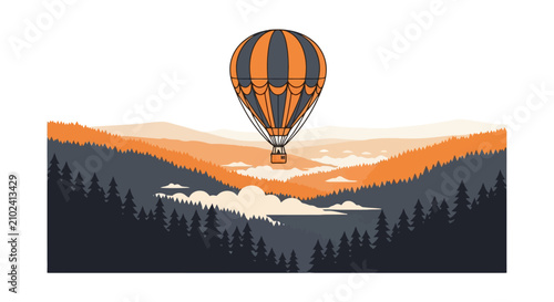Foto Hot air balloon soaring over mountain forest at sunset