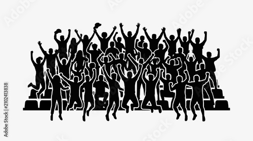 Silhouette of cheering crowd in celebration.