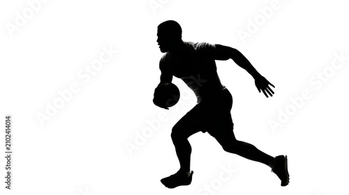  Silhouette of rugby player running with ball isolated on transparent background
