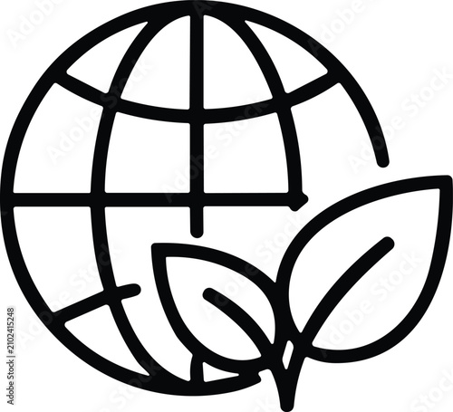 Globe with leaf icon representing global environmental protection and, biosphere