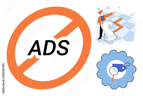 Bild auf Leinwand No ads sign with business strategy and search icons vector illustration