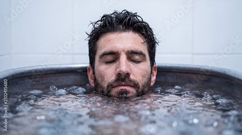 Man submerged in ice bath with eyes closed for cold therapy