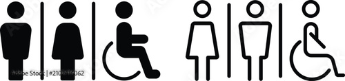 Wc icon set, toilet, restroom, man and woman, bathroom, disabled, dumpster, toilet paper, infant, showing public restroom icons, accessibility symbols, hygiene graphics, bathroom signage