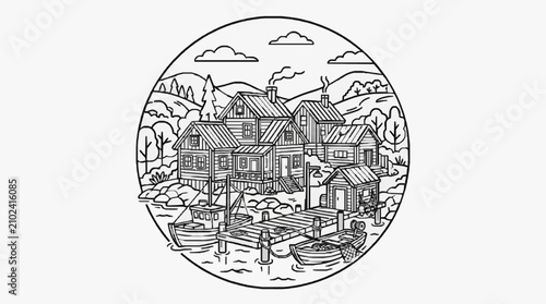 Tableau sur toile Elegant Black and White Line Drawing of Rustic Lakeside Cabins with Dock and Boa