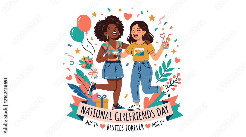 Fototapeta premium Celebrating friendship and joy on national girlfriends day with happy women sharing drinks and embracing each other amid festive decorations