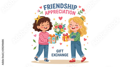 Two cute cartoon girls exchanging gift boxes and a bouquet of flowers on a white background friendship appreciation fun illustration concept